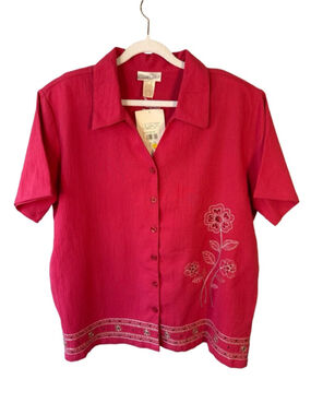 Carol Reed Short Sleeve Button-Up Embroidered Blouse - Red Size XL Boho